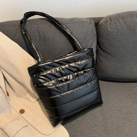 Borsa Tote Trapuntata Moda Donna Lustro Metallico Grande Capacità a Righe Orizzontali Borsa a Tracolla Per Inverno Autunno