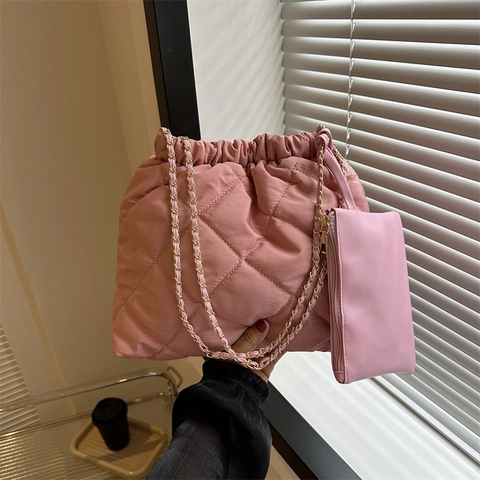 Mode Dames Gevoerde Tote Bag Set Met Kettingriem Oxford Stof Ruitpatroon Trekkoord Schoudertas En Kleine Pouch