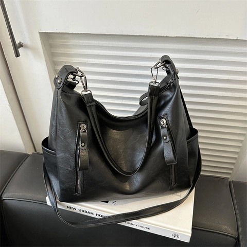 Sac Fourre-tout Vintage en Cuir PU Grande Capacité pour Femmes Multi-poches Sac à Bandoulière Sangle Réglable Quotidien