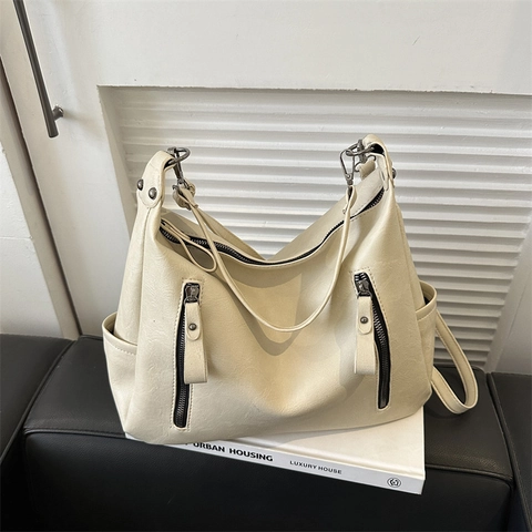 Bolso Tote de Cuero PU Vintage de Gran Capacidad para Mujer Múltiples Bolsillos Bolso de Hombro Correa Ajustable Casual