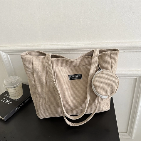 Bolso Tote De Pana Gran Capacidad Para Mujer Bolso De Hombro Con Estuche Redondo Estilo Urbano Simple Casual