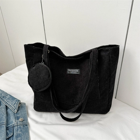 Bolso Tote De Pana Gran Capacidad Para Mujer Bolso De Hombro Con Estuche Redondo Estilo Urbano Simple Casual