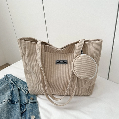 Bolso Tote de Pana para Mujer Gran Capacidad Color Sólido Bolso de Hombro Con Neceser Redondo Retro Casual Minimalista
