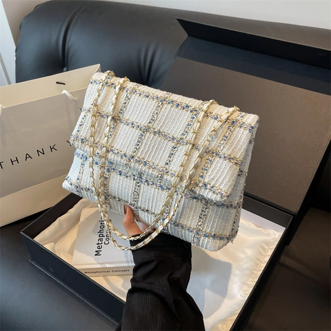 Elegante Tweed Geruite Schoudertas voor Dames Koreaanse Stijl Ketting Crossbody Tas Vierkante Handtas met Overslag