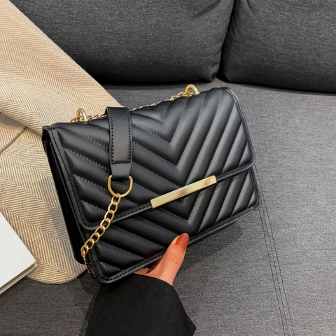 Women V-Quilting PU Leather Crossbody Bag Small Square Shoulder Bag With Golden Chain Strap Flap Casual Commuting Fashion Handbag