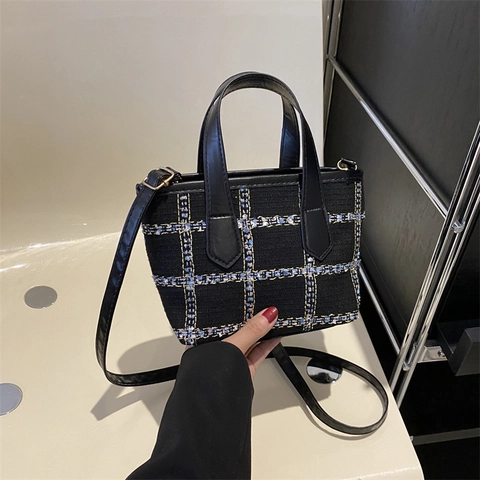 Sac Seau Vintage en Tweed à Carreaux Pour Femmes Garniture en Cuir PU Bandoulière Réglable Sac à Main Bandoulière de Navette