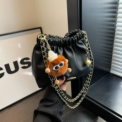 Damen Schultertasche Mit Großer Kapazität Plissee Weiches PU-Leder Kordelzug Cloud Bucket Bag Mit Goldener Kette Mode