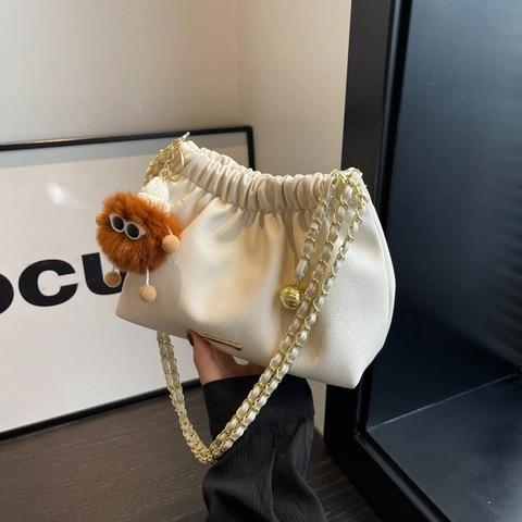 Damen Schultertasche Mit Großer Kapazität Plissee Weiches PU-Leder Kordelzug Cloud Bucket Bag Mit Goldener Kette Mode