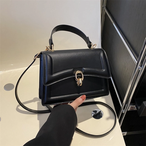 Bolso De Mano Moda Mujer Cuero PU Cuadrado Bolso Bandolera Con Asa Cierre De Anillo Dorado Solapa Simple Chic