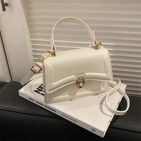 Bolso De Mano Moda Mujer Cuero PU Cuadrado Bolso Bandolera Con Asa Cierre De Anillo Dorado Solapa Simple Chic