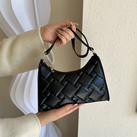 Women PU Leather Underarm Bag Quilted Woven Texture Elegant Shoulder Hobo Bag Solid Color Zipper Fashion