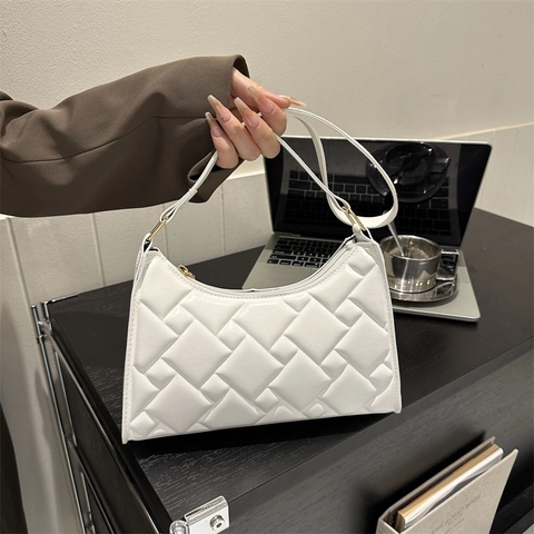 Women PU Leather Underarm Bag Quilted Woven Texture Elegant Shoulder Hobo Bag Solid Color Zipper Fashion