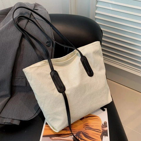 Borsa Tote in Velluto a Coste da Donna Grande Capacità Borsa a Mano Minimalista in Stile Coreano Con Spalline in Pelle Sintetica
