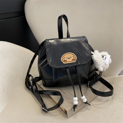 Korean Style Fashion Mini Backpack For Women Vintage PU Leather Small Backpack With Cartoon Dog Embroidery Plush Pendant