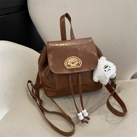 Korean Style Fashion Mini Backpack For Women Vintage PU Leather Small Backpack With Cartoon Dog Embroidery Plush Pendant