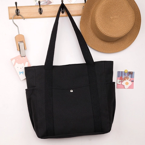 Bolso Tote de Lona Minimalista de Gran Capacidad para Mujer Color Sólido Casual Bolso de Hombro Multibolsillos Bolso Diario