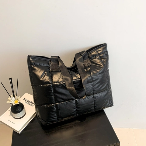 Fashion Quilted Tote Bag Padded Metallic Cotton Shoulder Bag Large Capacity Solid Color Winter Commuter Handbag