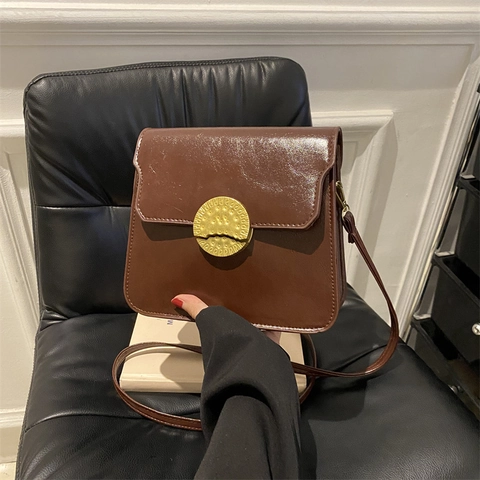 Bolso Bandolera de Cuero PU Vintage para Mujer Bolso de Hombro Cuadrado Pequeño Retro Con Hebilla de Metal Circular Color Sólido Minimalista Diario