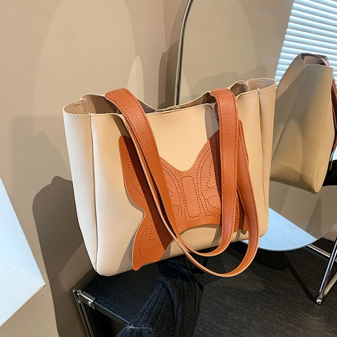 Borsa Tote Grande Capacità in Pelle PU Con Patch Farfalla per Donna Borsa a Tracolla Vintage Pendolare Versatile Quotidiana