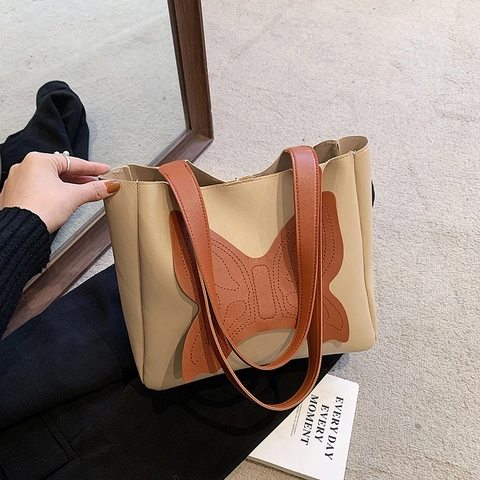 Borsa Tote Grande Capacità in Pelle PU Con Patch Farfalla per Donna Borsa a Tracolla Vintage Pendolare Versatile Quotidiana