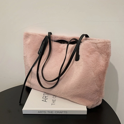 Bolso Tote de Piel Sintética de Gran Capacidad para Mujer Bolso de Hombro de Peluche Suave Color Sólido Moda de Invierno