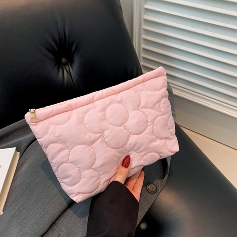 Cartera de Mano Acolchada con Flores para Mujer Bolsa de Maquillaje Acolchada de Moda Organizador de Cosméticos de Mano Cremallera Color Sólido Algodón Nailon Estuche de Viaje