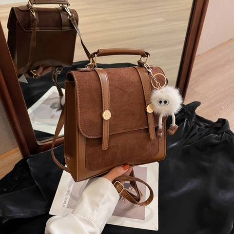 Vintage Patchwork PU Δερμάτινο Σακίδιο Πλάτης Τσάντα Χειρός Με Λούτρινο Μενταγιόν Τέρατος Τσάντα Χιαστί Για Γυναίκες