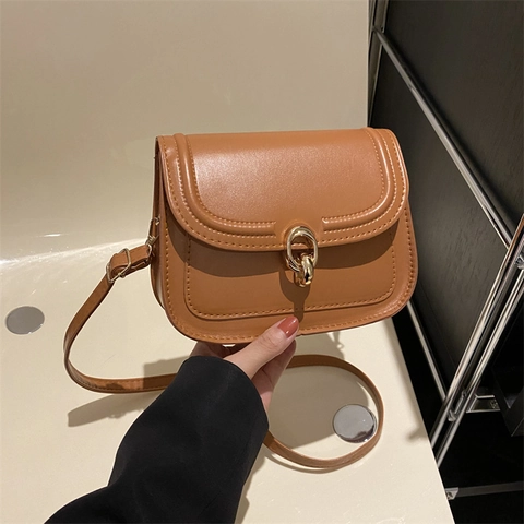 Women Crossbody Shoulder Bag PU Leather Vintage Minimalist Saddle Bag With Gold Metal Lock Adjustable Strap Solid Color