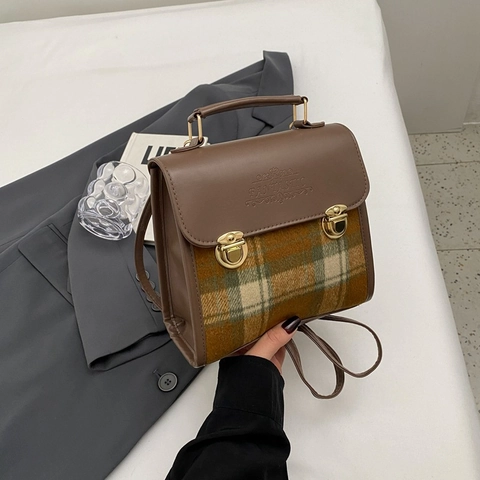 Vintage Britische Akademie Stil Karomuster Umhängetasche Damen PU Leder Wollstoff Handtasche Metallschloss Büro Aktentasche