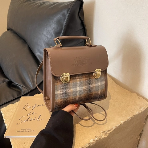 Vintage Britische Akademie Stil Karomuster Umhängetasche Damen PU Leder Wollstoff Handtasche Metallschloss Büro Aktentasche