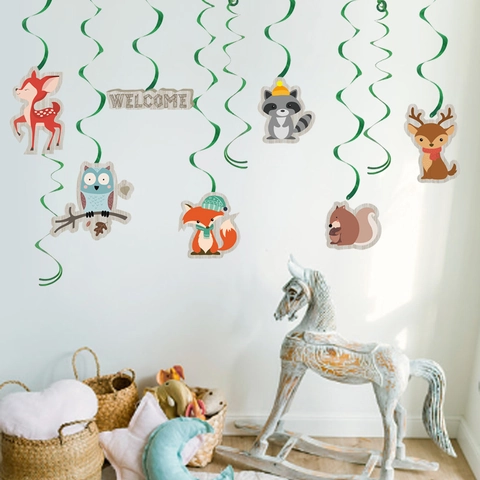 Décorations en Spirale pour Fête d'Anniversaire Thème Animaux de la Jungle Ornements à Suspendre Créature de la Forêt Avec Renard Hibou Cerf Raton Laveur Écureuil