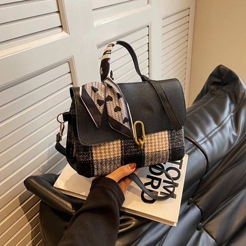 Vintage Plaid Spliced Crossbody Bag PU Leather Shoulder Handbag With Decorative Satin Scarf For Women