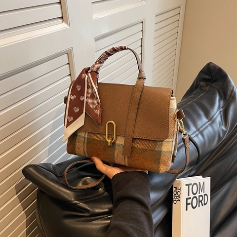 Vintage Plaid Spliced Crossbody Bag PU Leather Shoulder Handbag With Decorative Satin Scarf For Women