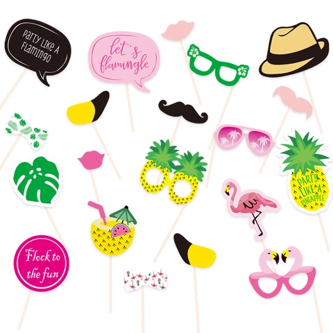 Hawaii Thema Fotobox Requisiten Sommer Tropische Party Dekorationen Mit Flamingo Ananas Sonnenbrille Holzstäbchen