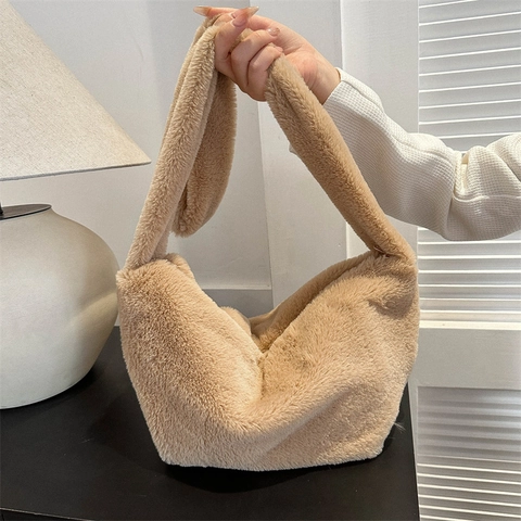 Women Plush Dumpling Bag Faux Fur Shoulder Bag Winter Casual Crossbody Bag Solid Color Soft Tote For Autumn Winter Use