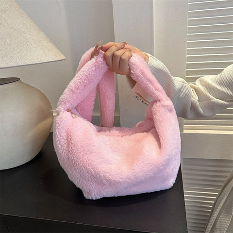 Women Plush Dumpling Bag Faux Fur Shoulder Bag Winter Casual Crossbody Bag Solid Color Soft Tote For Autumn Winter Use