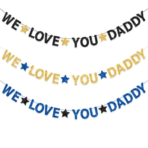 Striscione We Love You Daddy per la Festa del Papà Ghirlanda con Stelle Glitterate per Decorazione Parete Festa Compleanno