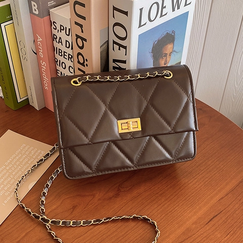 Damen Rhombisch Gesteppte PU Leder Umhängetasche Mit Goldenem Metalldrehverschluss Quadratische Kette Kleiner Schultertasche