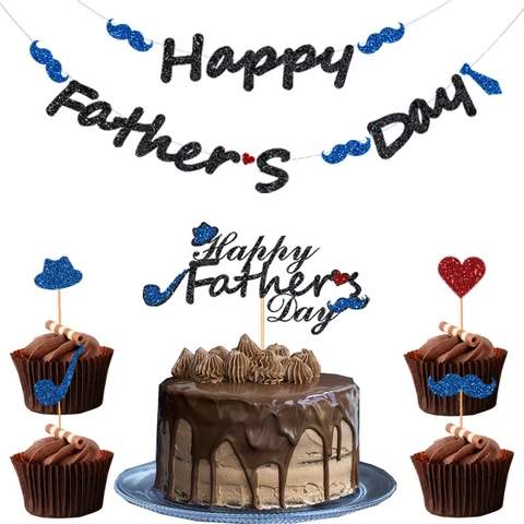Set Decorativo Per Festa Del Papà In Carta Glitterata Striscione Cake Topper Design Con Baffi E Cravatta Per Decorazioni Festa