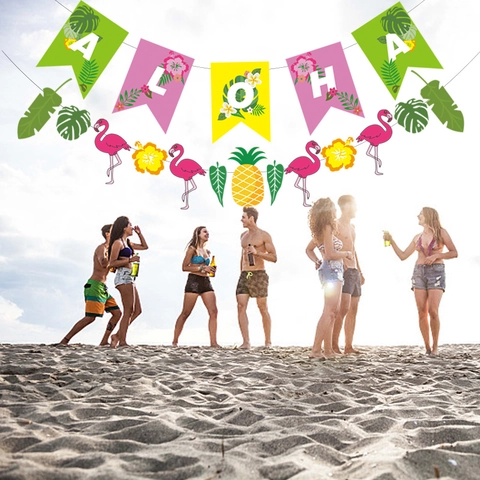Decorazioni per Feste Tropicali Hawaii Banner ALOHA Fenicottero Ananas Foglie di Palma Ghirlanda Compleanno Spiaggia