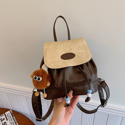 Vintage PU Leather Women Fashion Mini Backpack Contrast Color Drawstring Commuting Bag With Cute Monster Charm