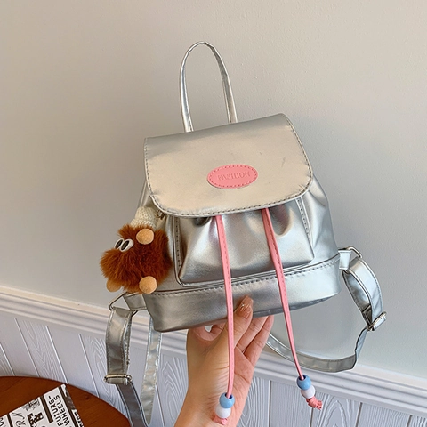 Vintage PU Leather Women Fashion Mini Backpack Contrast Color Drawstring Commuting Bag With Cute Monster Charm