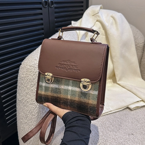 Mini Zaino Borsa A Tracolla Stile Britannico Vintage Pelle PU A Quadri Per Donna Piccola Borsa Quadrata Serratura Dorata