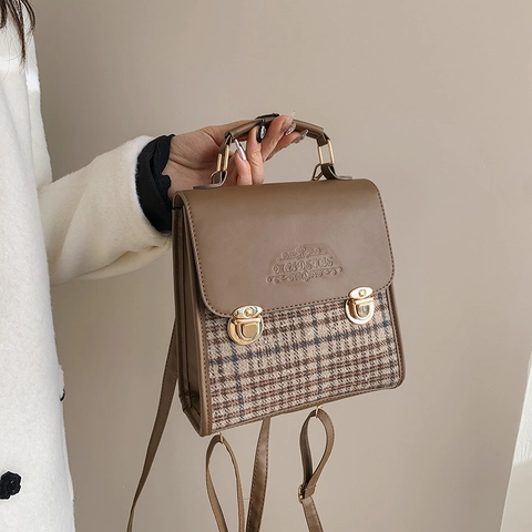 Mini Zaino Borsa A Tracolla Stile Britannico Vintage Pelle PU A Quadri Per Donna Piccola Borsa Quadrata Serratura Dorata