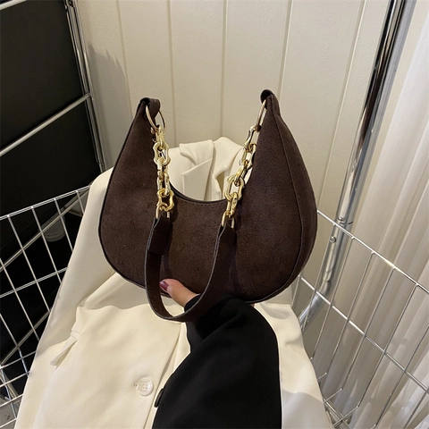 Bolso De Axila Minimalista De Gamuza Sintética Para Mujer Estilo Coreano Color Sólido Bolso De Hombro Con Cadena Dorada