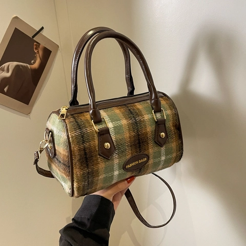 Damen Vintage Karo Wollen Boston Tasche Kleine Zylindrische Schulter Umhängetasche Karierte Handtasche Für Winter Herbst Alltag