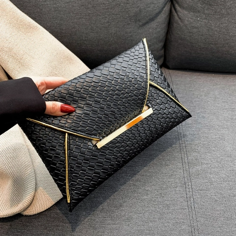 Vintage Weefseltextuur PU Lederen Enveloppe Clutch Tas Voor Vrouwen Trendy Woon-werkverkeer Handtas Met Metalen Slot Avondtas