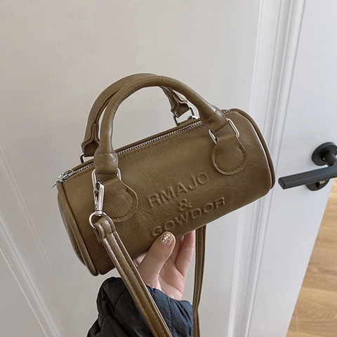 Borsa a Tracolla a Cilindro in Pelle PU Vintage da Donna Borsa Boston Fashion Lettere Goffrate Tracolla Rimovibile