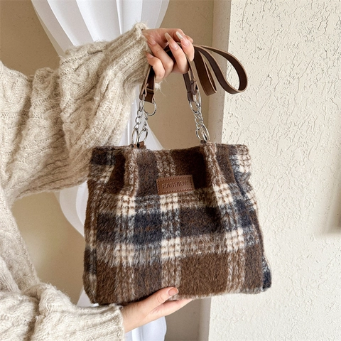 Borsa Tote Vintage in Peluche a Quadri Donna Grande Capacità Lana Catena in Metallo Tracolla in Pelle Casual Shopping