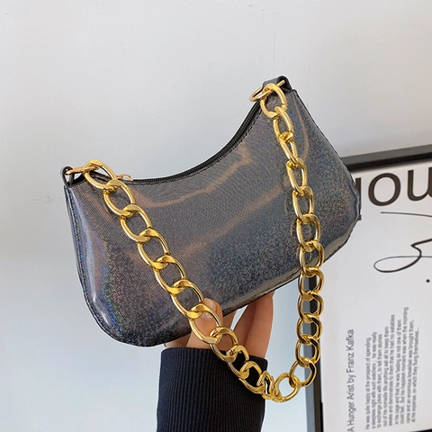 Women Fashion Holographic Underarm Bag With Gold Chain PU Leather Laser Sequin Shoulder Bag Small Y2K Streetwear Handbag